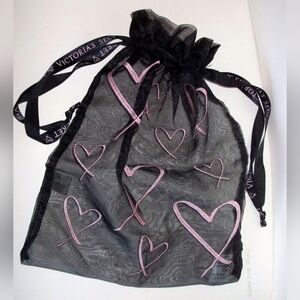 VICTORIA'S SECRET BLACK PINK HEARTS LINGERIE BAG POUCH DRAWSTRING MESH BRA PANTY